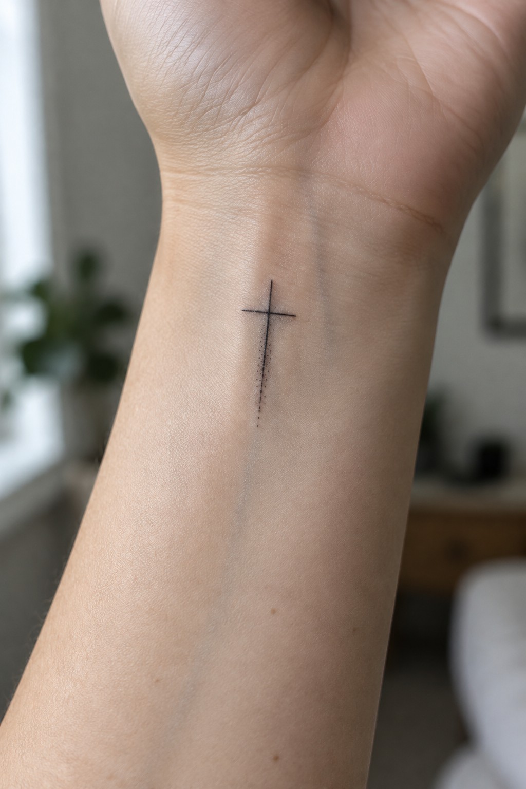 Small black cross tattoo with dotted stem on inner wrist