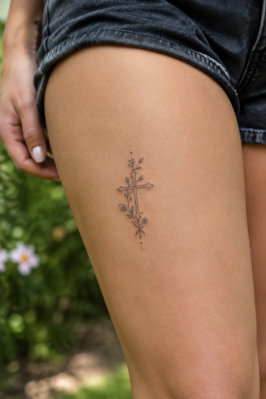 Floral cross tattoo with vines on thigh under dark denim shorts