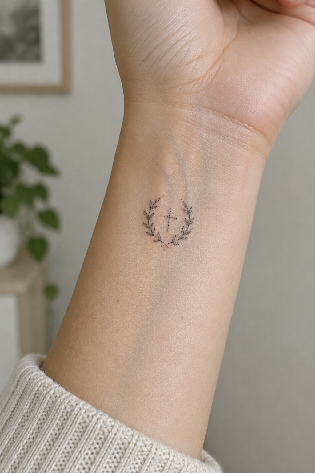 Small cross tattoo with leafy branches on wrist above cream knit sweater