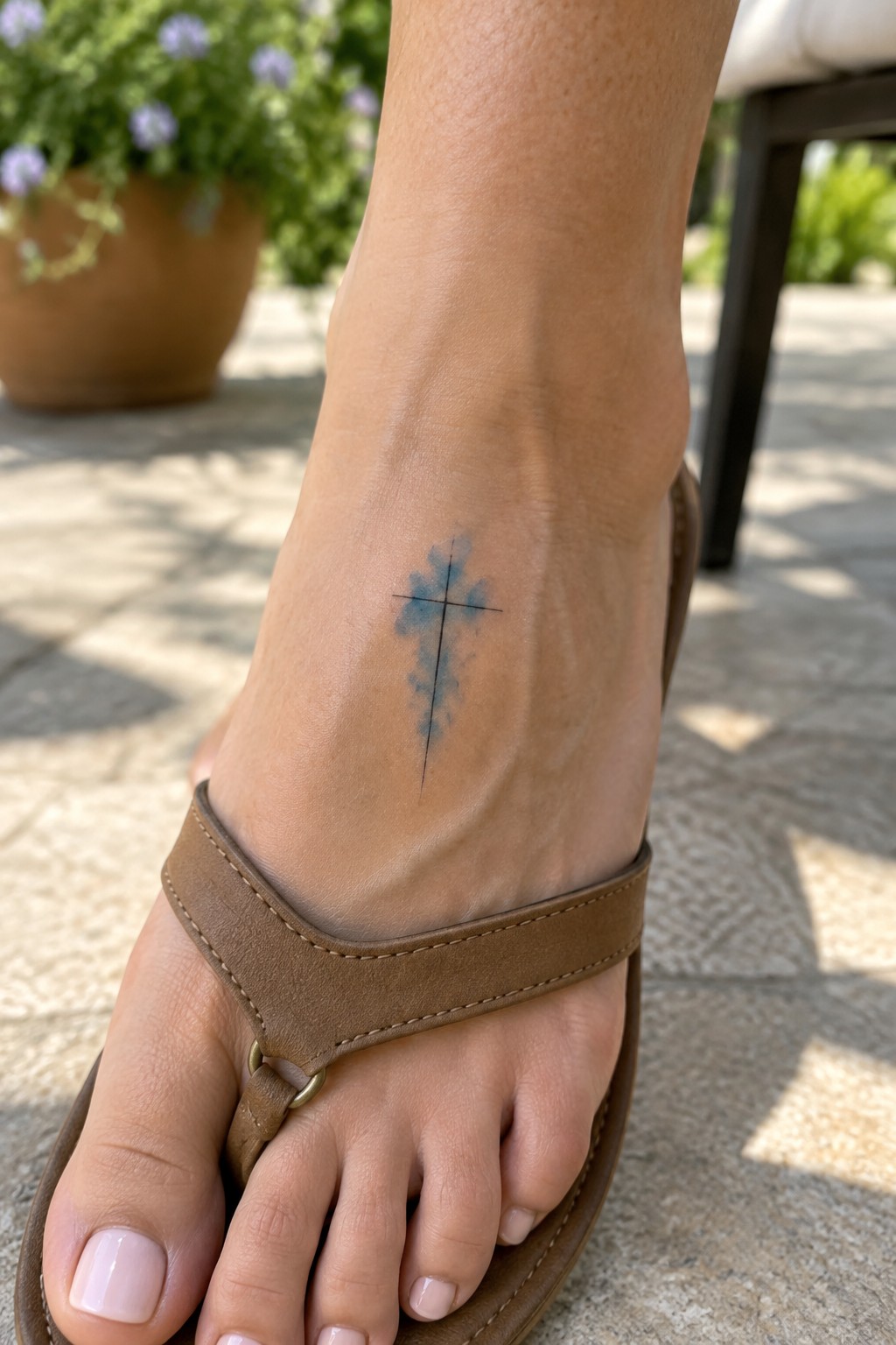 Small cross tattoo with thin lines and soft blue shading on the ankle above a brown sandal.