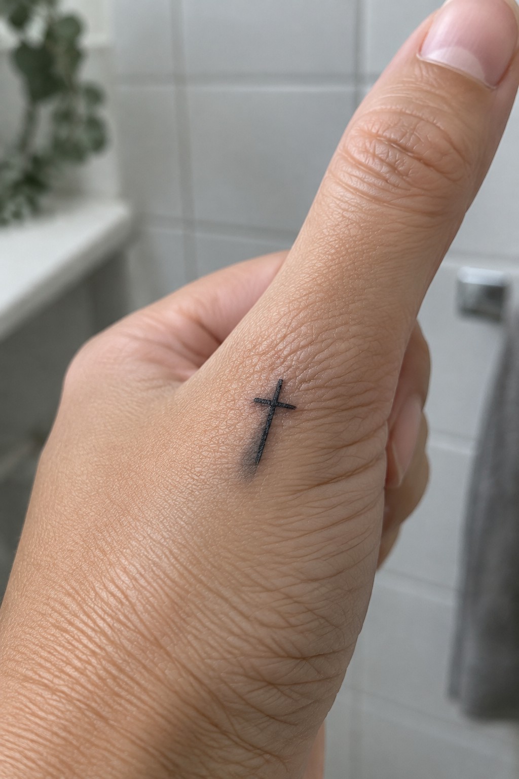 Small black cross tattoo on the side of a light-skinned index finger.