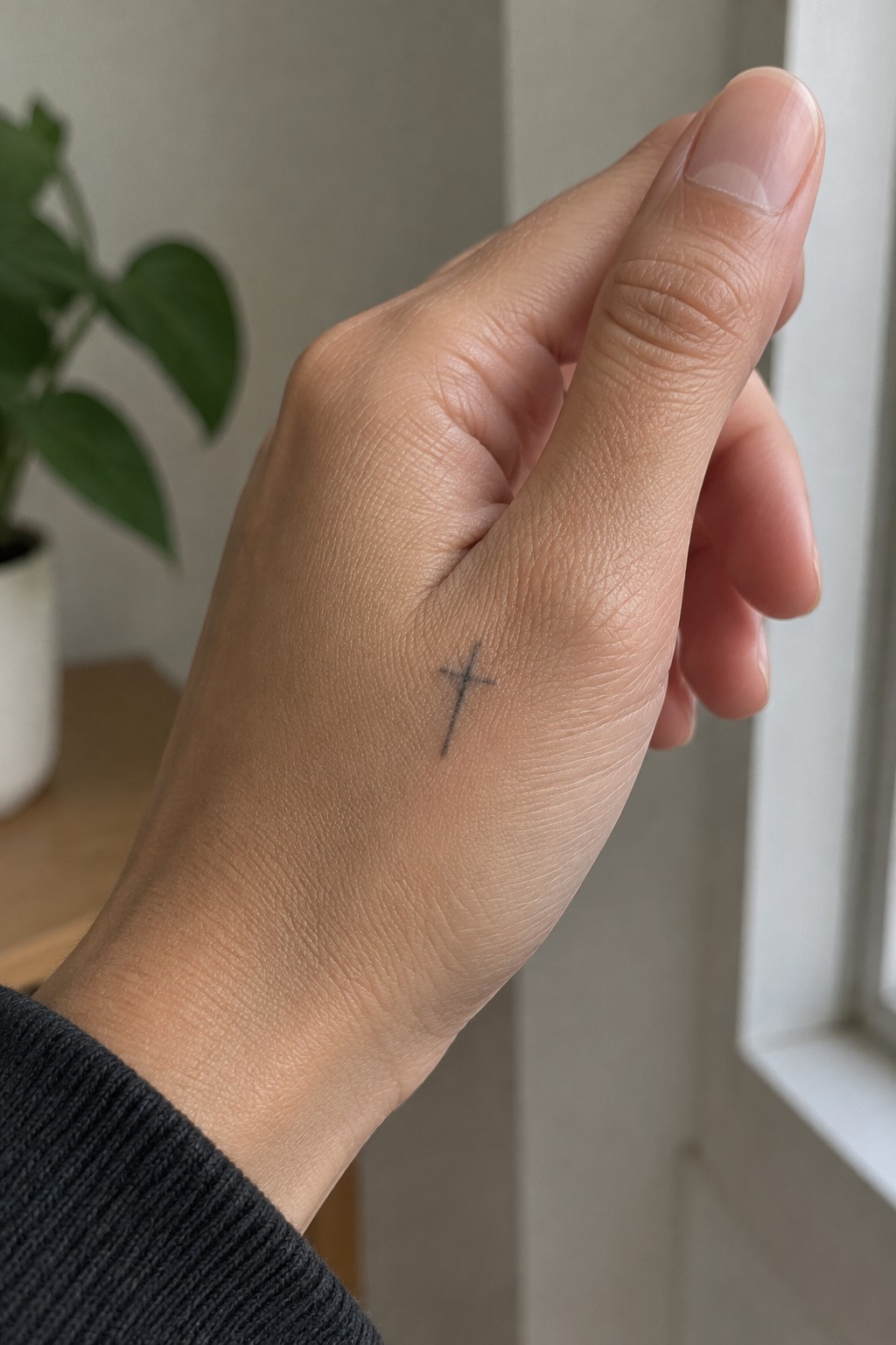 Small black cross tattoo on the back of a hand near the thumb base.