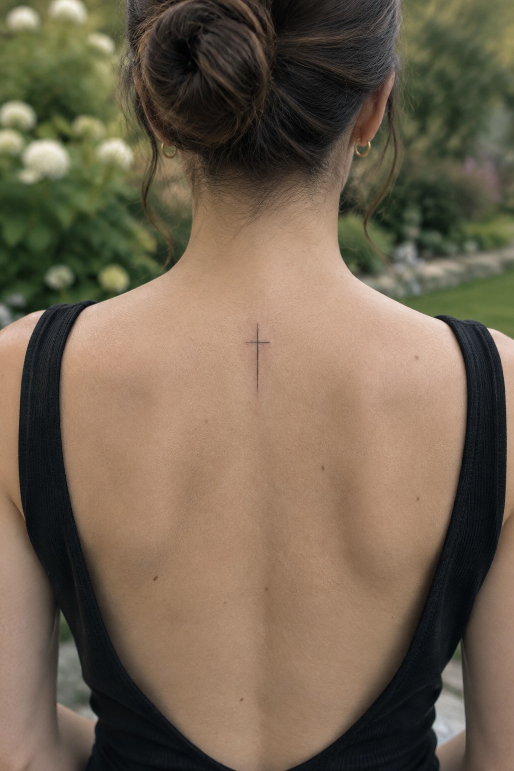 Woman with hair in bun and small cross tattoo on back wearing black tank top outdoors