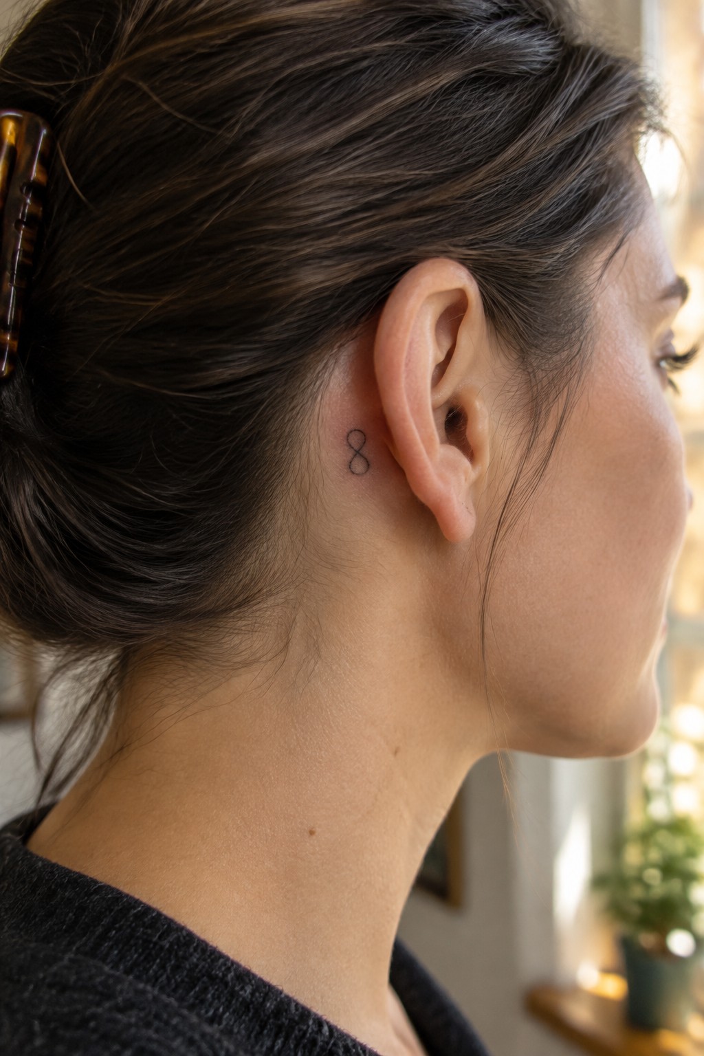 Small black infinity symbol tattoo behind a woman’s ear.
