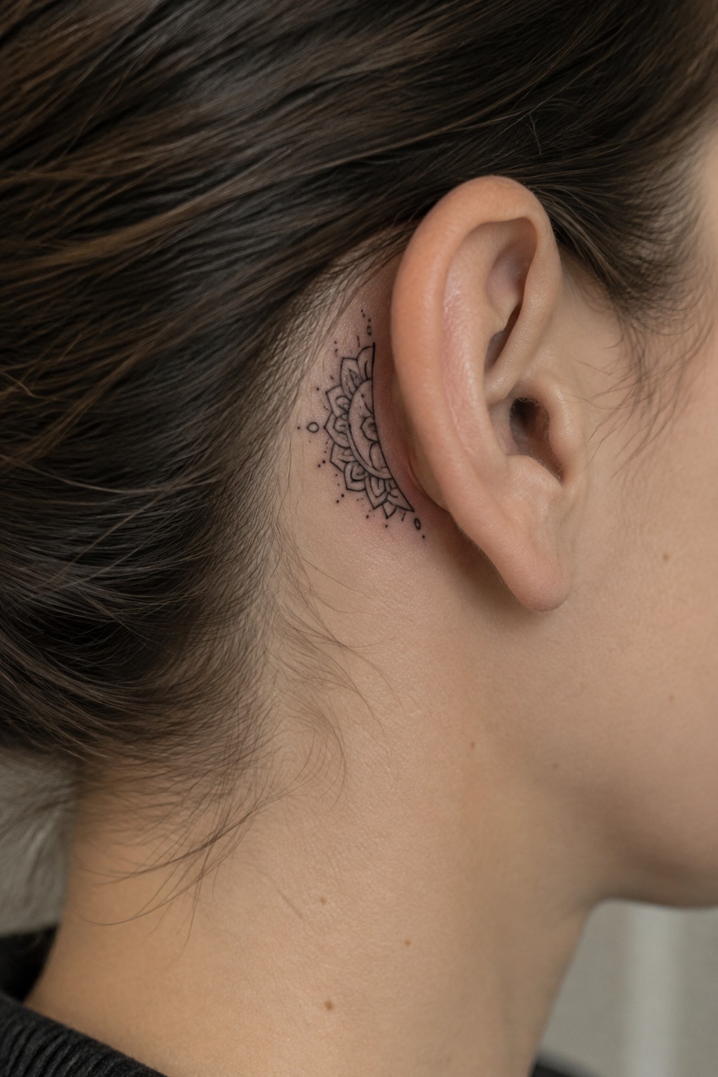 Small black fine-line mandala tattoo with layered petals and dot accents behind a woman’s ear.