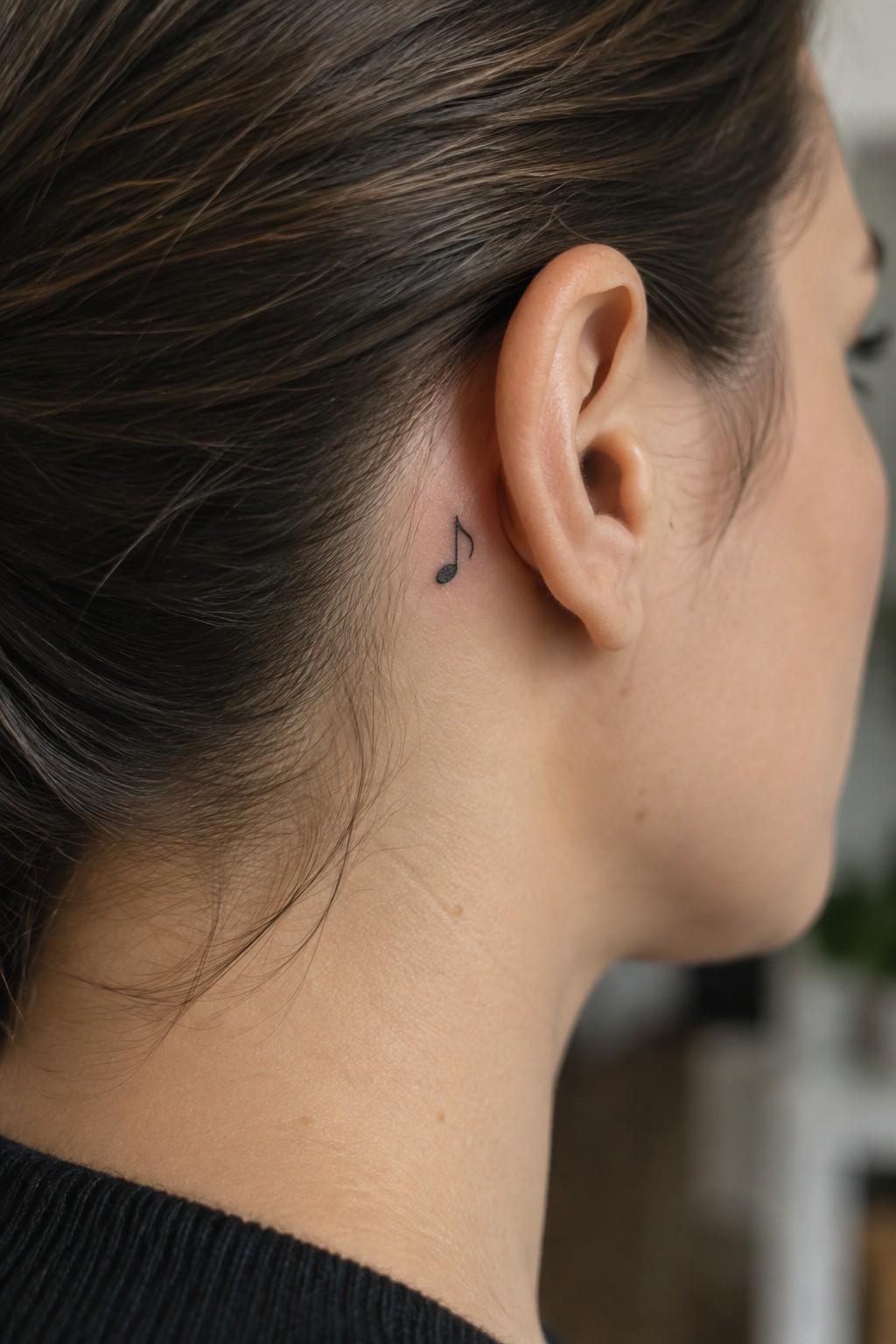 Small black musical note tattoo on the skin behind a woman’s ear.