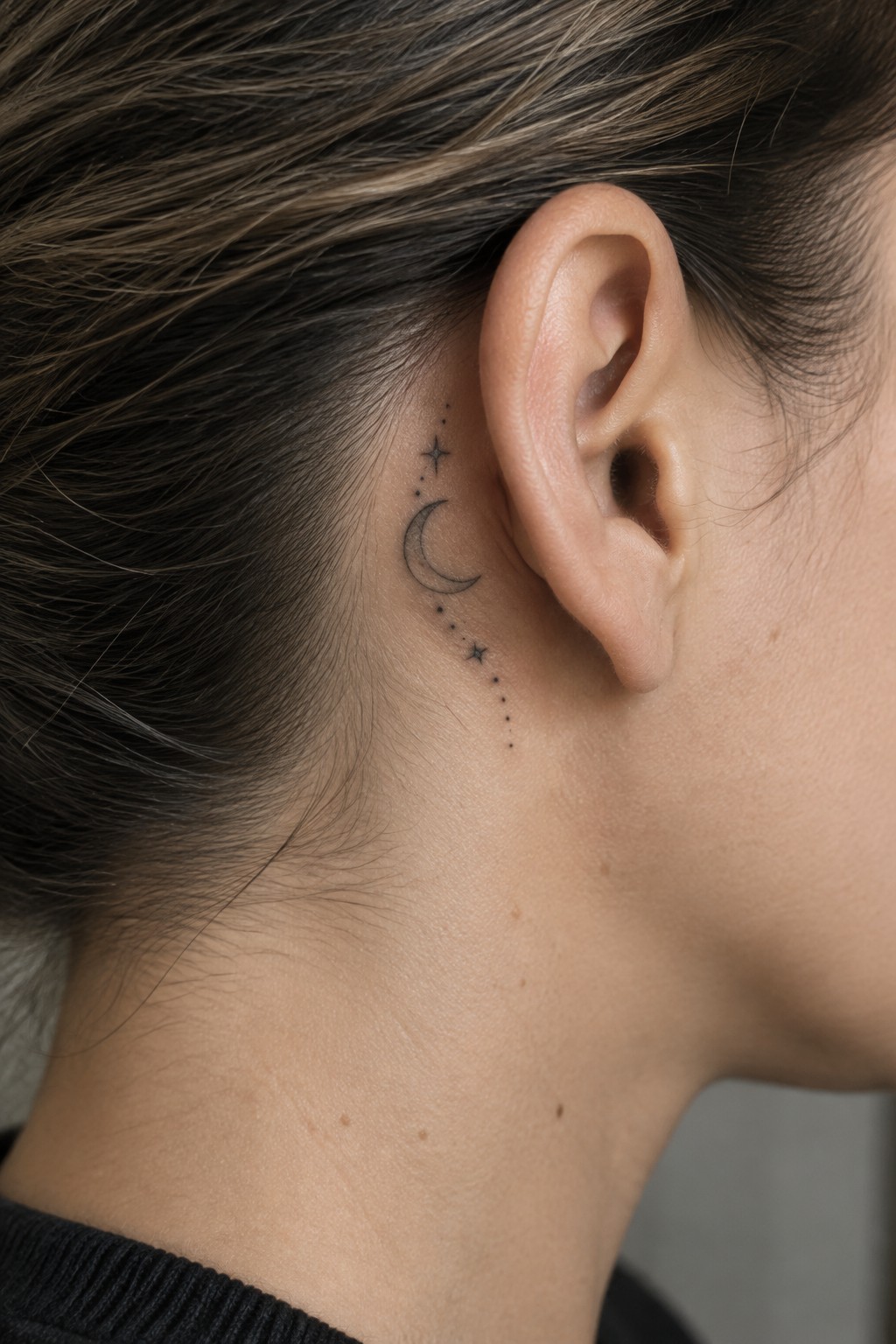 Fine-line crescent moon tattoo with small stars and dots behind a woman’s ear.