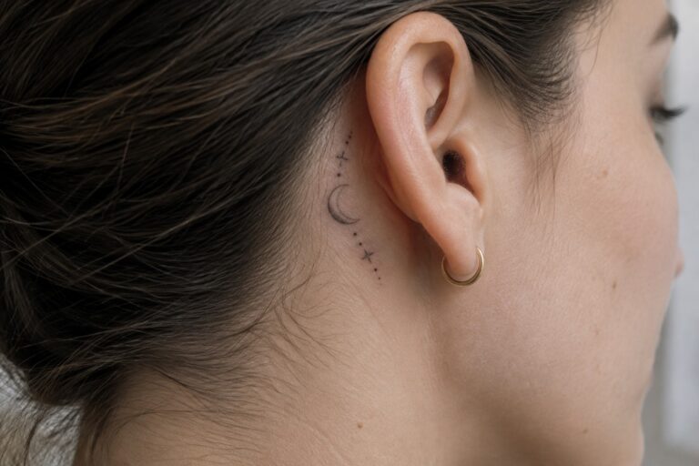 21 Elegant Behind-the-Ear Tattoo Ideas for Women That Keep Meaning Personal Small black crescent moon tattoo with a curved trail of dots behind a woman’s ear.