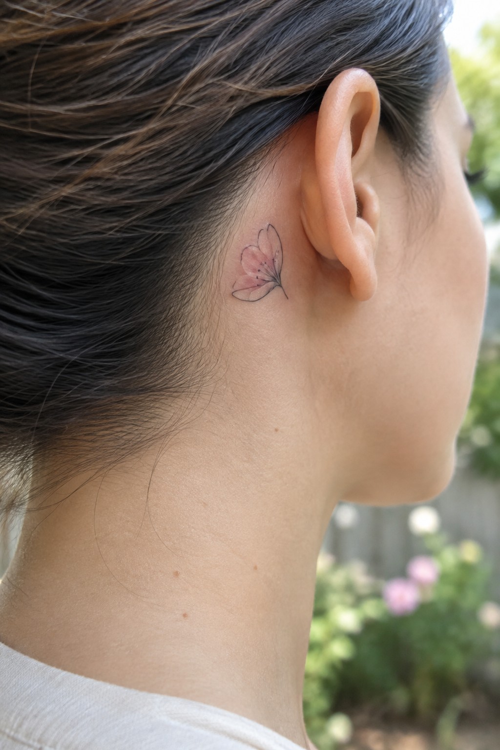 Small butterfly tattoo with fine black outlines and muted pink shading behind a woman’s ear.