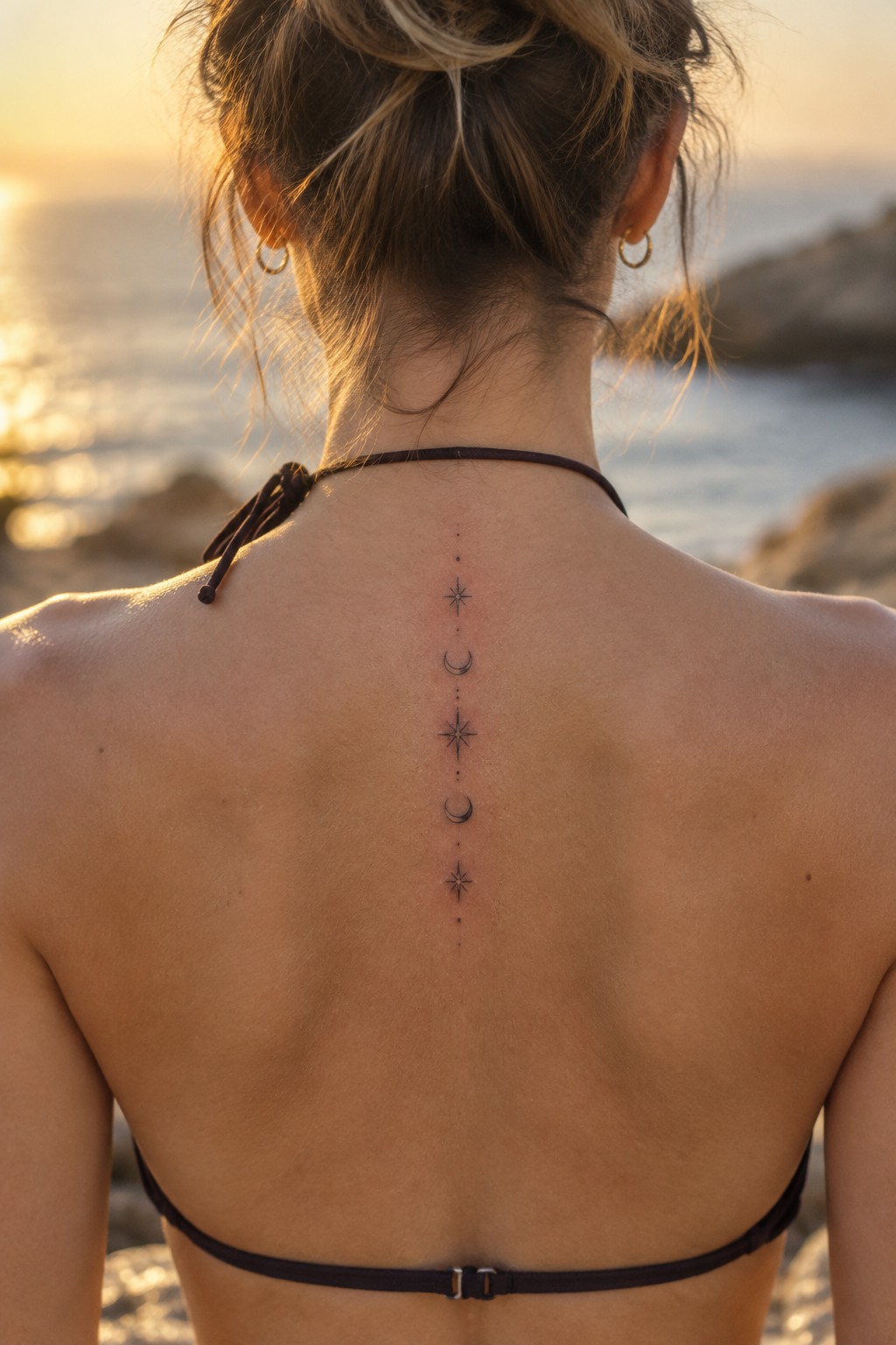 Fine-line stars and crescent moons arranged vertically along a woman’s upper spine at the beach.