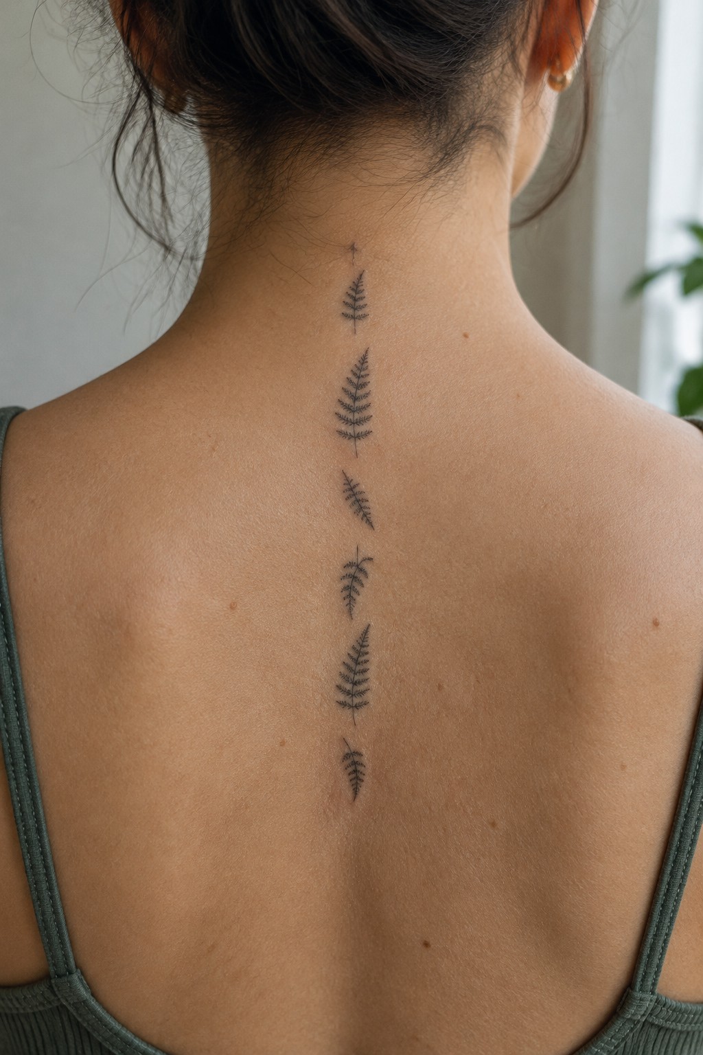 Fine-line black fern fronds arranged vertically down a woman’s spine from the nape to the middle of her back.