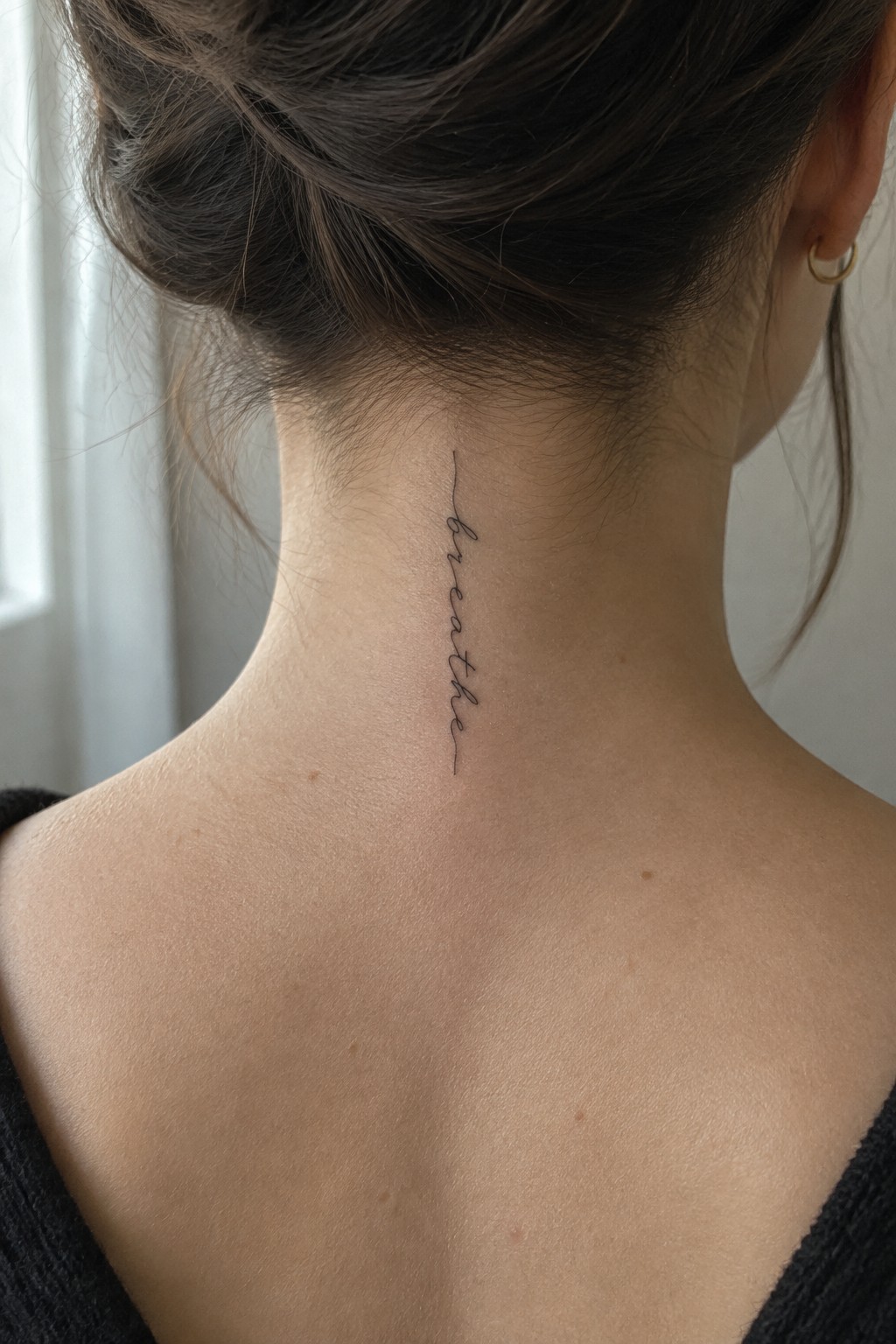 Small vertical cursive word tattoo centered on the upper spine at the back of the neck.
