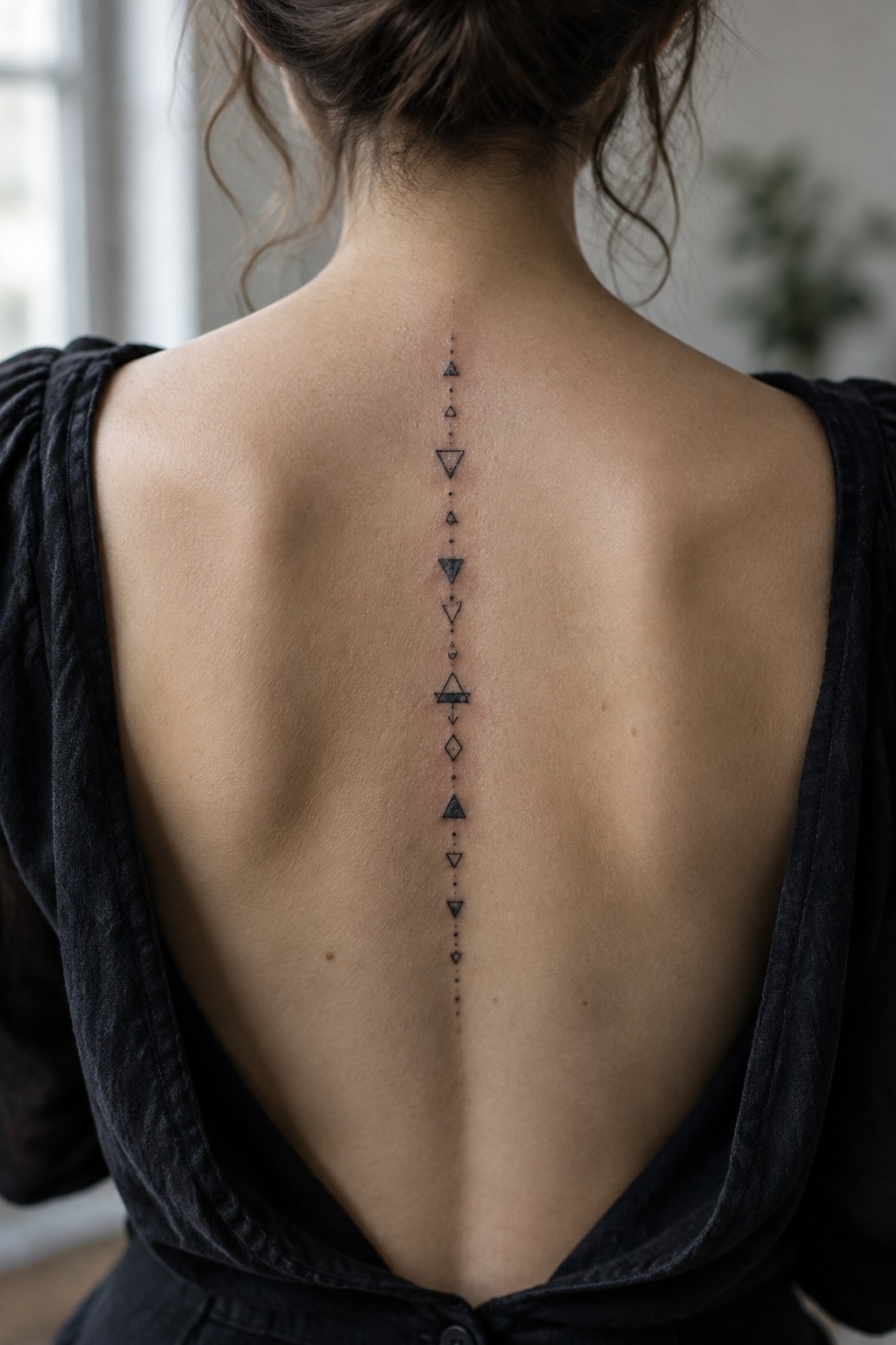 Small black geometric tattoo with triangles, diamonds, and dots arranged vertically along the center of a woman’s upper back.