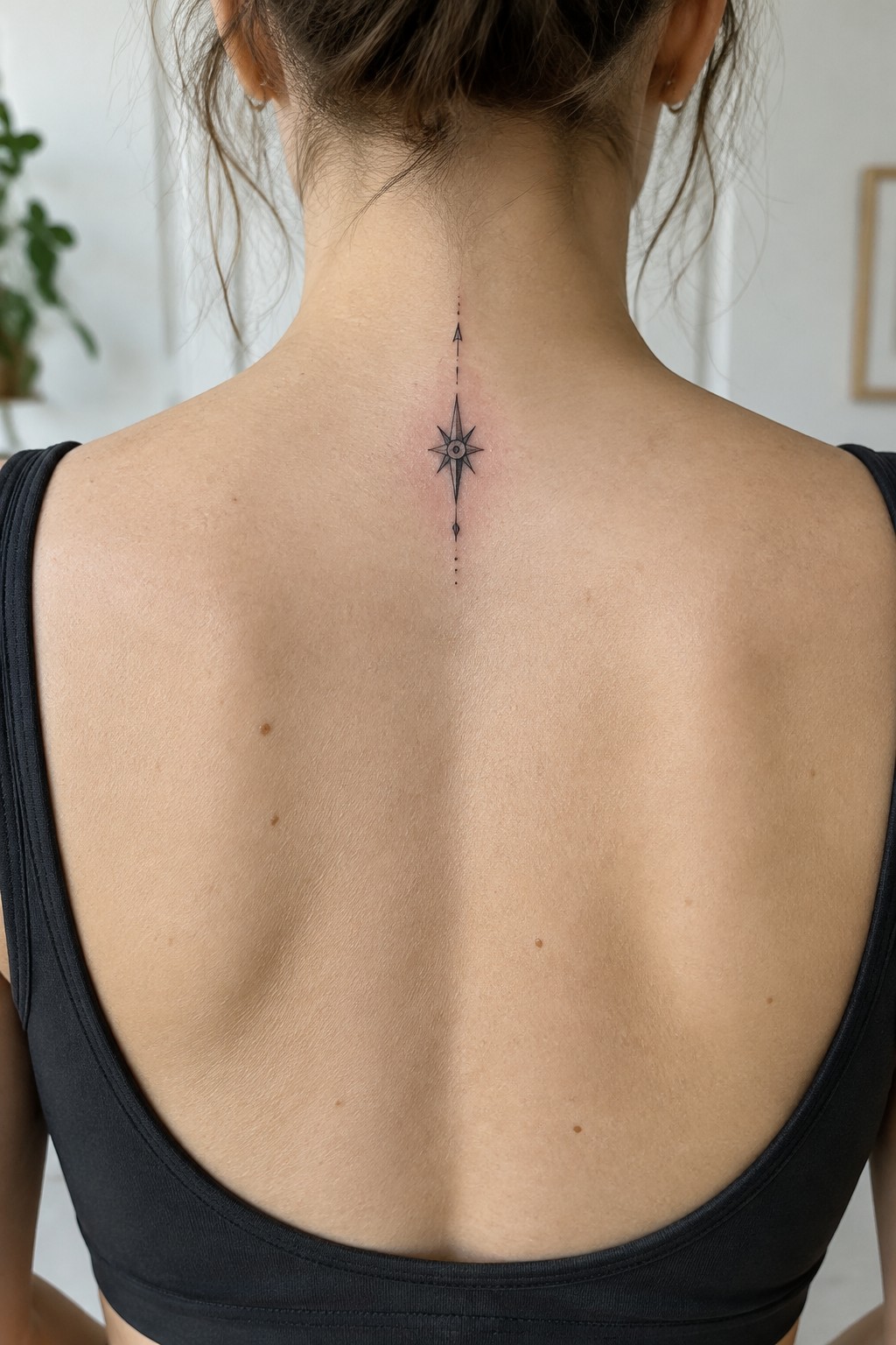 Small black fine-line compass star tattoo centered on a vertical dotted line along a woman’s upper spine.