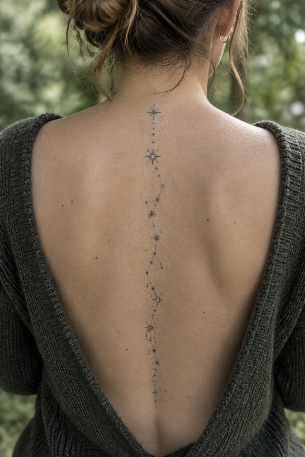 Fine-line stars and dots form a long constellation tattoo down a woman’s spine.
