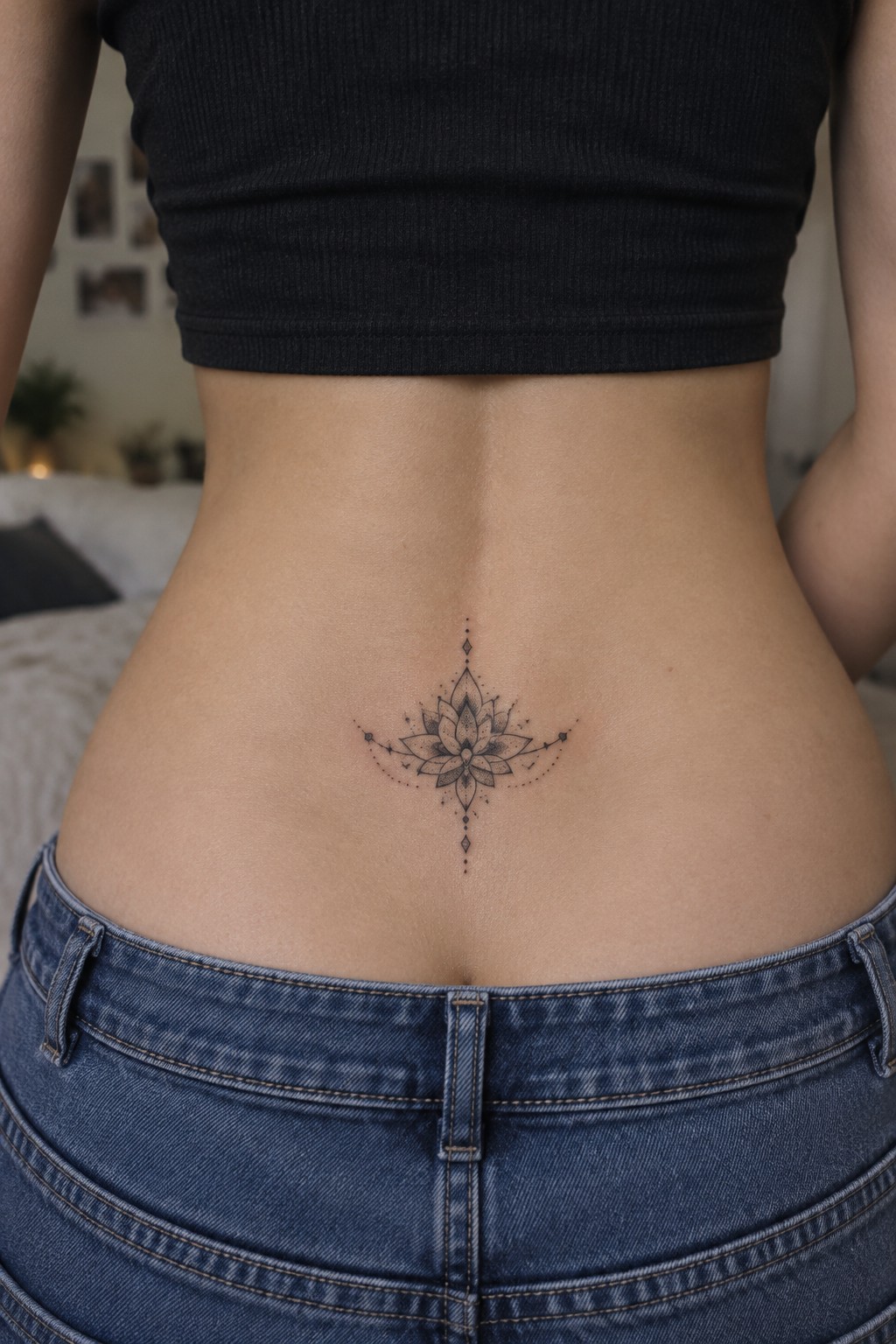 Small fine-line lotus tattoo with geometric accents centered on a woman’s lower spine above her jeans.