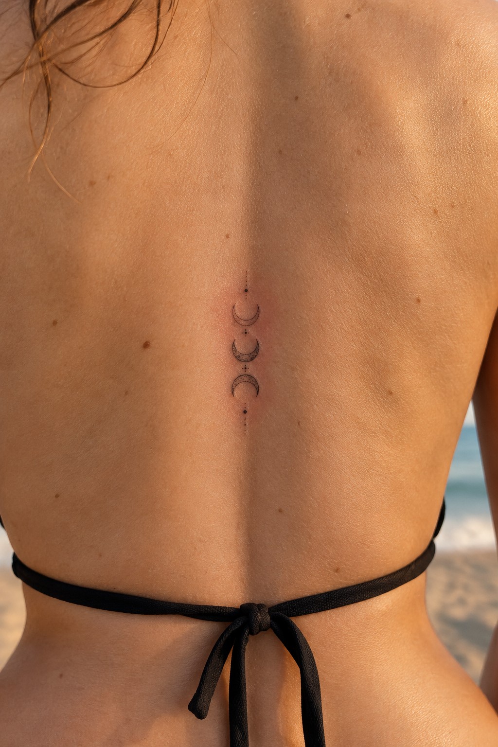 Fine-line tattoo of three crescent moon phases and small dots arranged vertically along the upper spine.