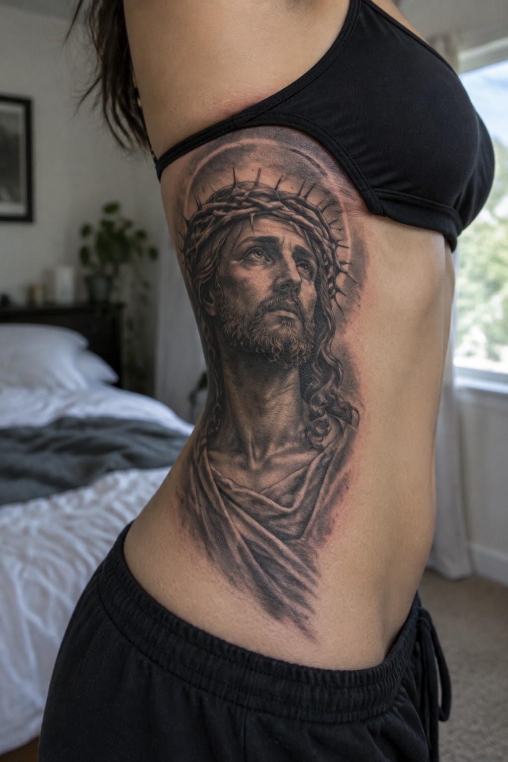 Woman's side with large black-and-gray Jesus tattoo wearing black sports bra