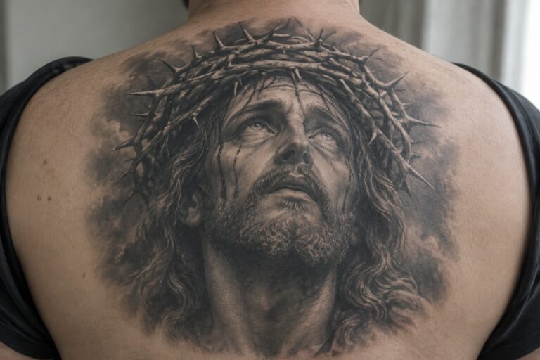 Realistic black and grey tattoo of Jesus with crown of thorns on upper back