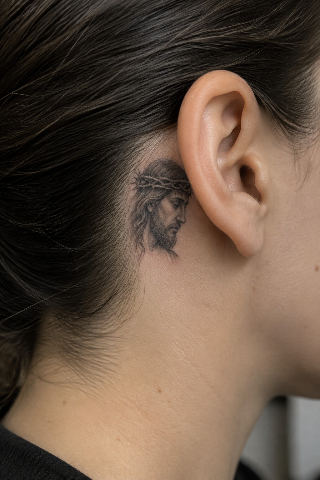 Black and gray Jesus tattoo with crown of thorns behind ear