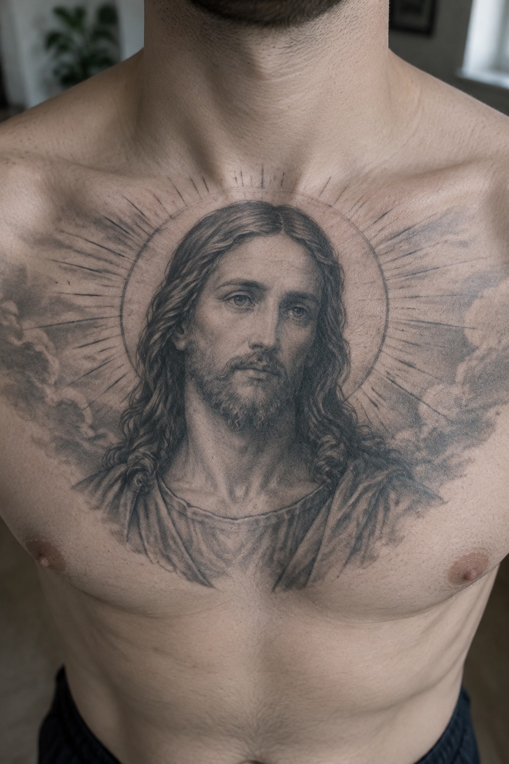 Realistic black and gray Jesus tattoo with radiant halo and clouds on chest
