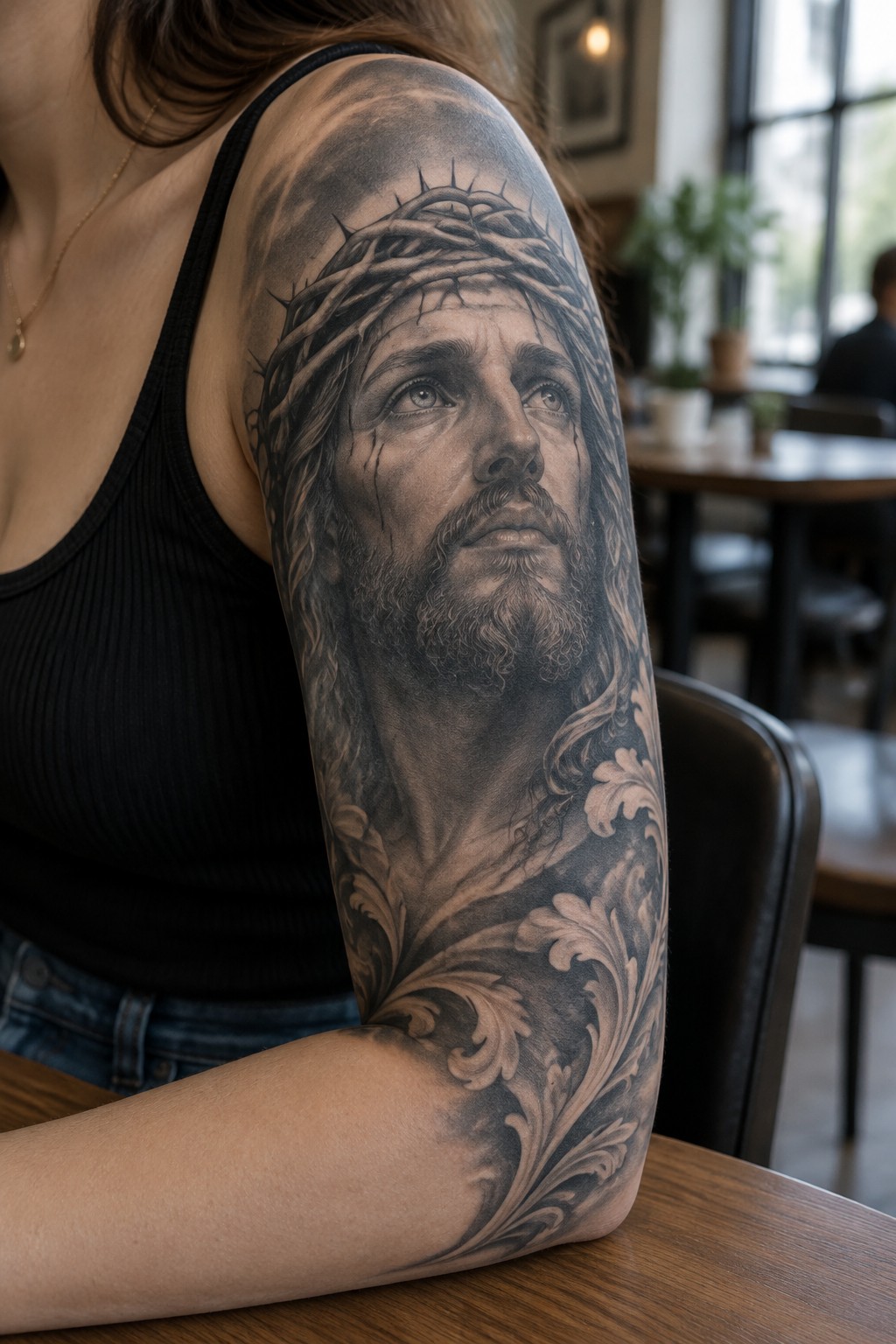 Realistic black and grey Jesus Christ tattoo with crown of thorns on upper arm, extending down forearm in portrait style.