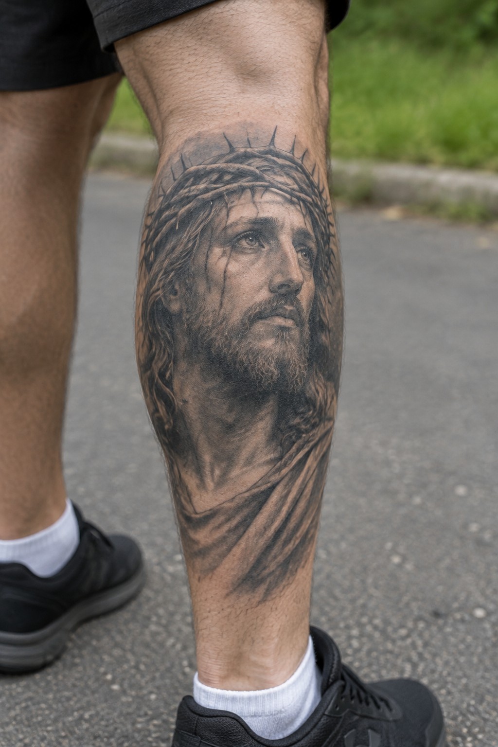 Detailed Jesus tattoo with crown of thorns on calf above black sneakers and socks