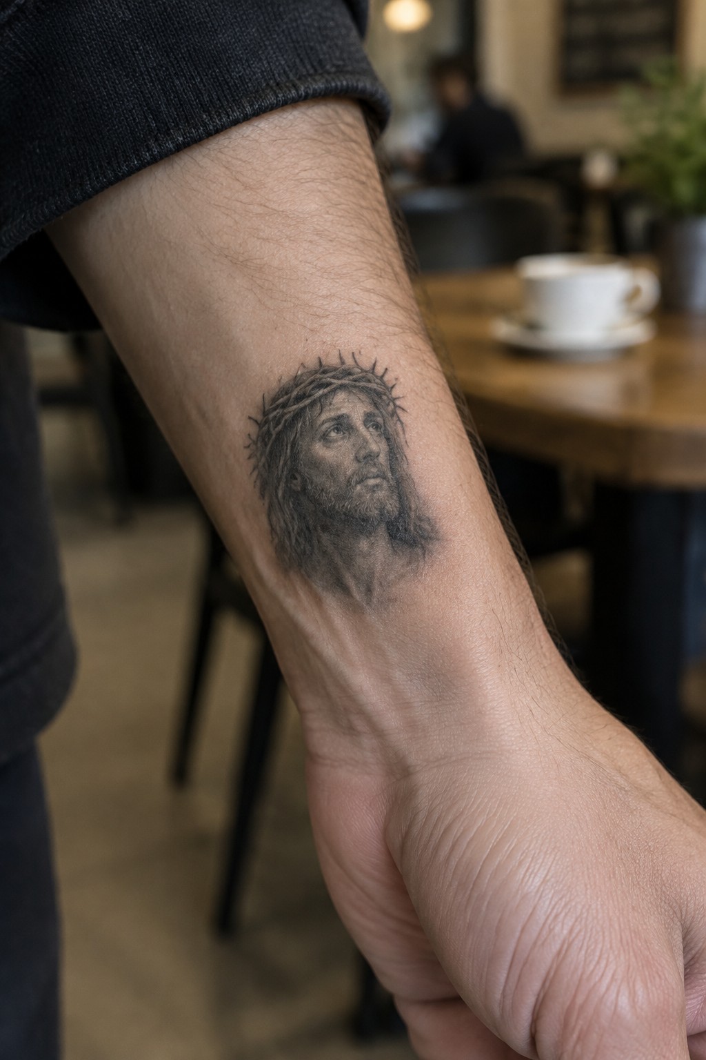 Hairy forearm with black-and-gray Jesus tattoo, dark sleeve, cafe table and coffee cup behind.