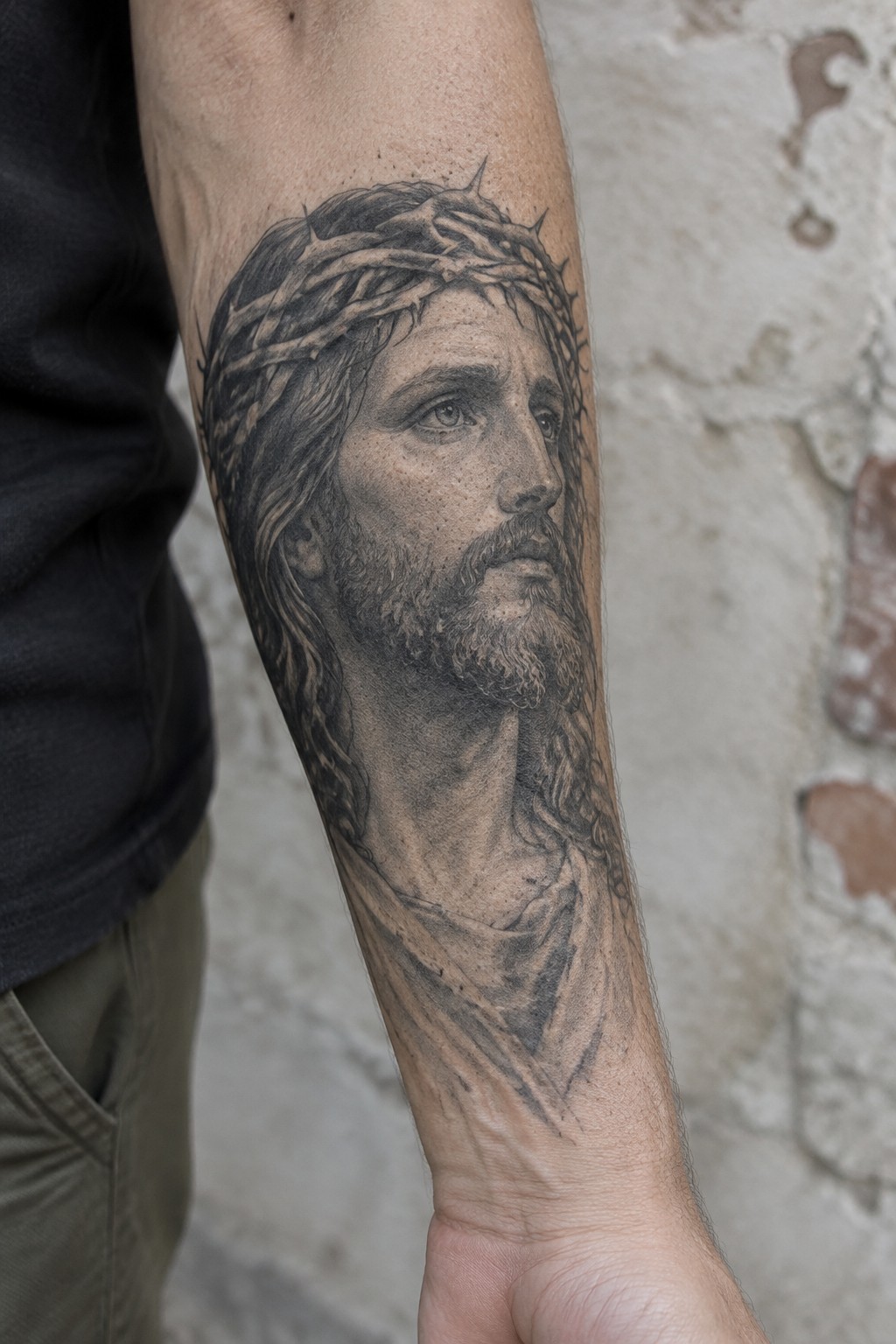 Realistic black and grey tattoo of Jesus with a crown of thorns on the inner forearm, shown from a side angle against a brick wall.