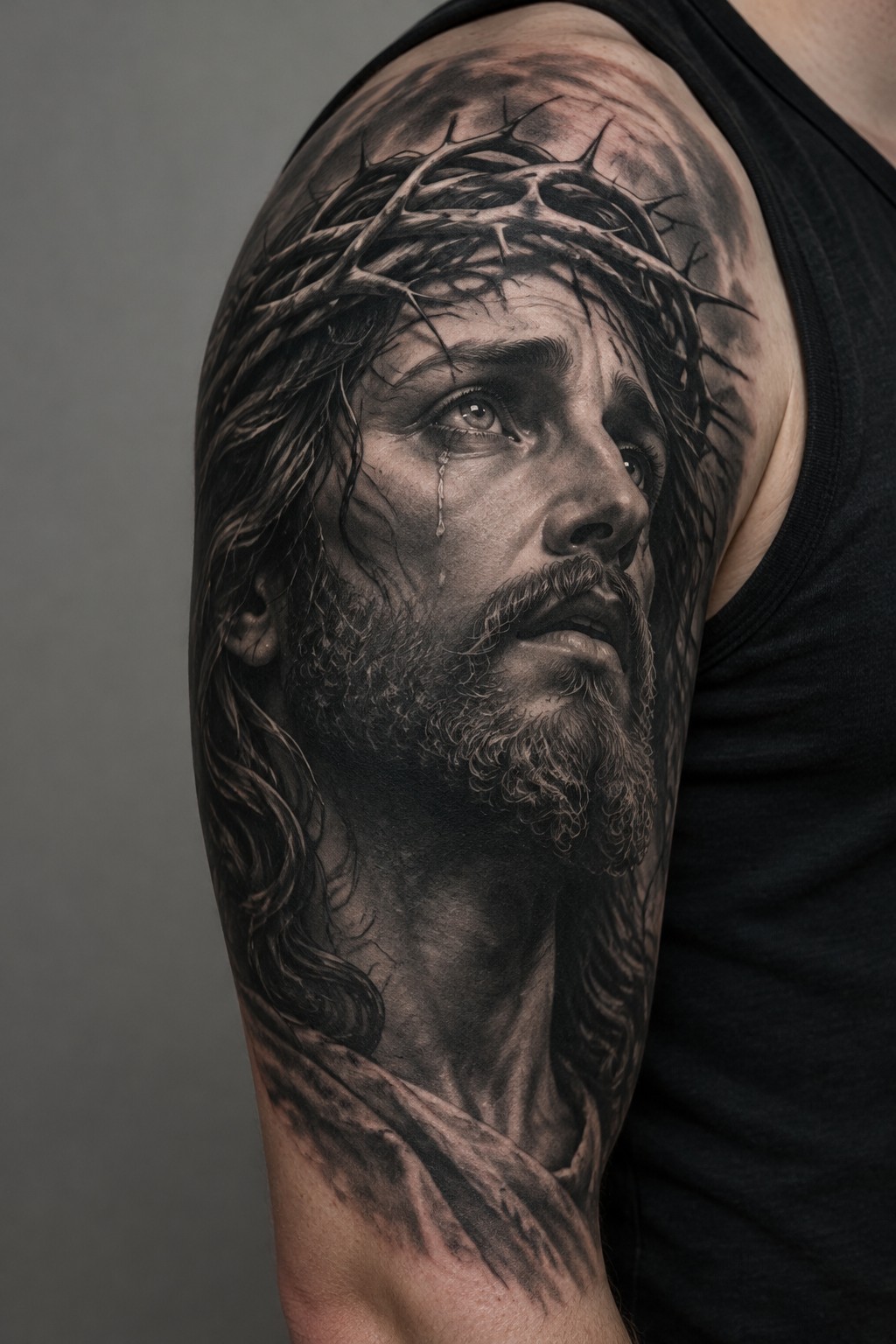 Black and gray realistic tattoo of Jesus with crown of thorns on shoulder