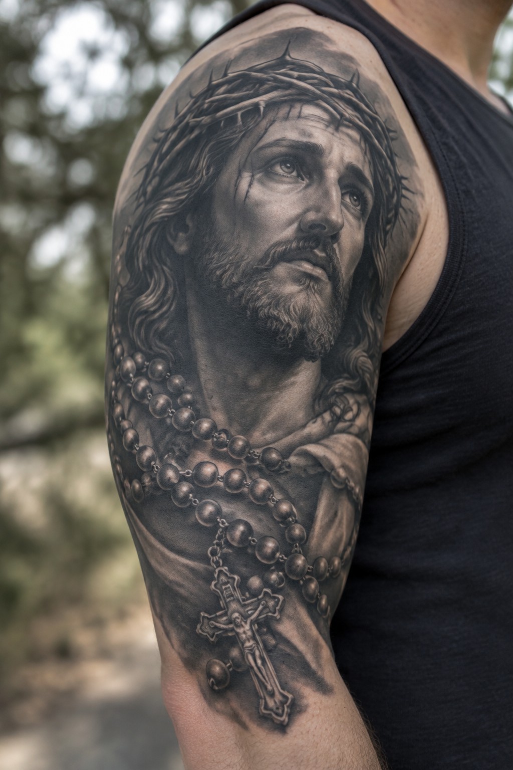 Realistic black-and-gray tattoo of Jesus with crown of thorns and rosary on shoulder