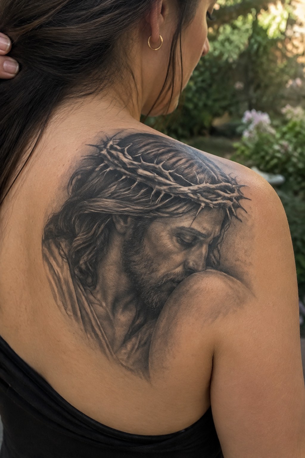 Woman's upper back with detailed black-and-gray Jesus tattoo wearing crown of thorns