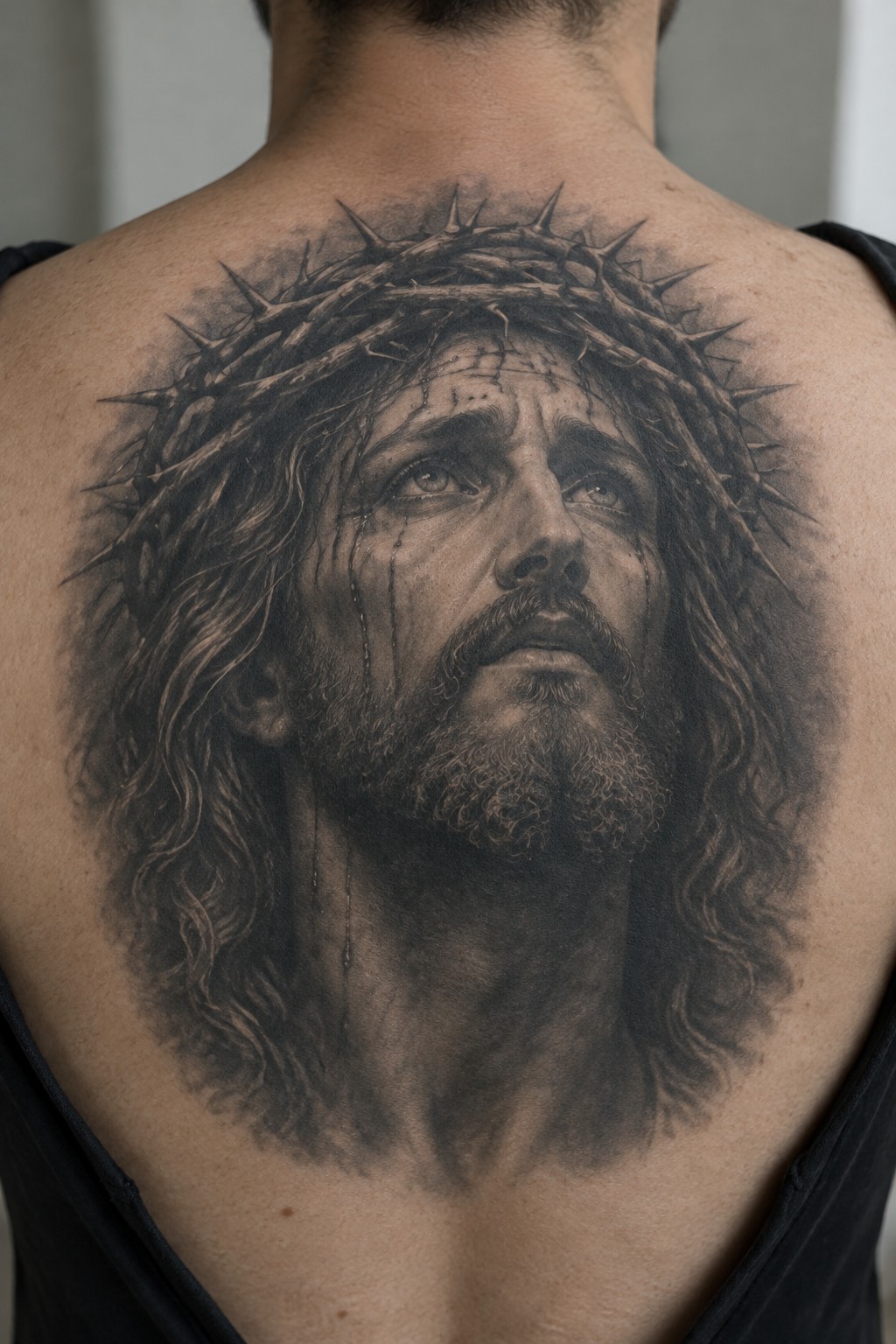 Realistic black and grey tattoo of Jesus with crown of thorns on upper back