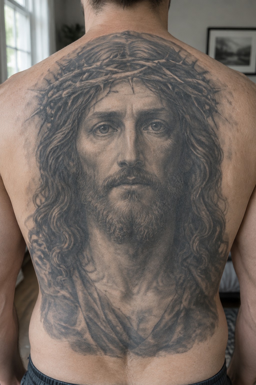 Realistic black and grey tattoo of Jesus Christ with crown of thorns covering a man's entire back