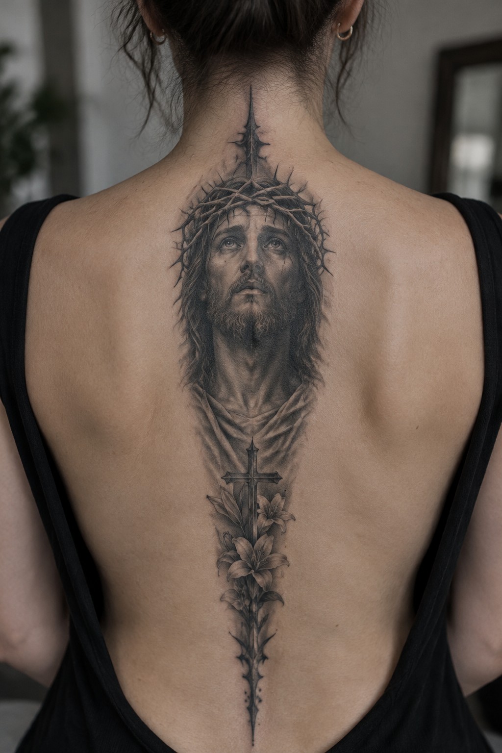Black tank top revealing realistic Jesus tattoo with crown of thorns and lilies on spine