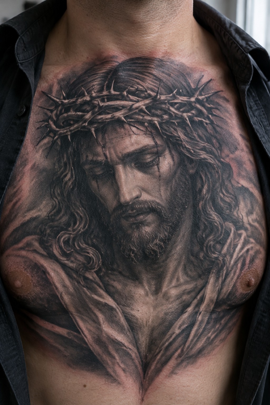 Realistic black-and-gray Jesus tattoo with crown of thorns on chest beneath open shirt