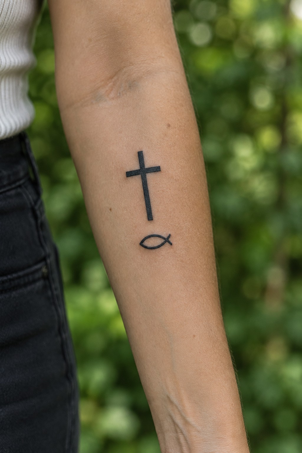 Small black cross and fish symbol tattooed on the inner forearm.