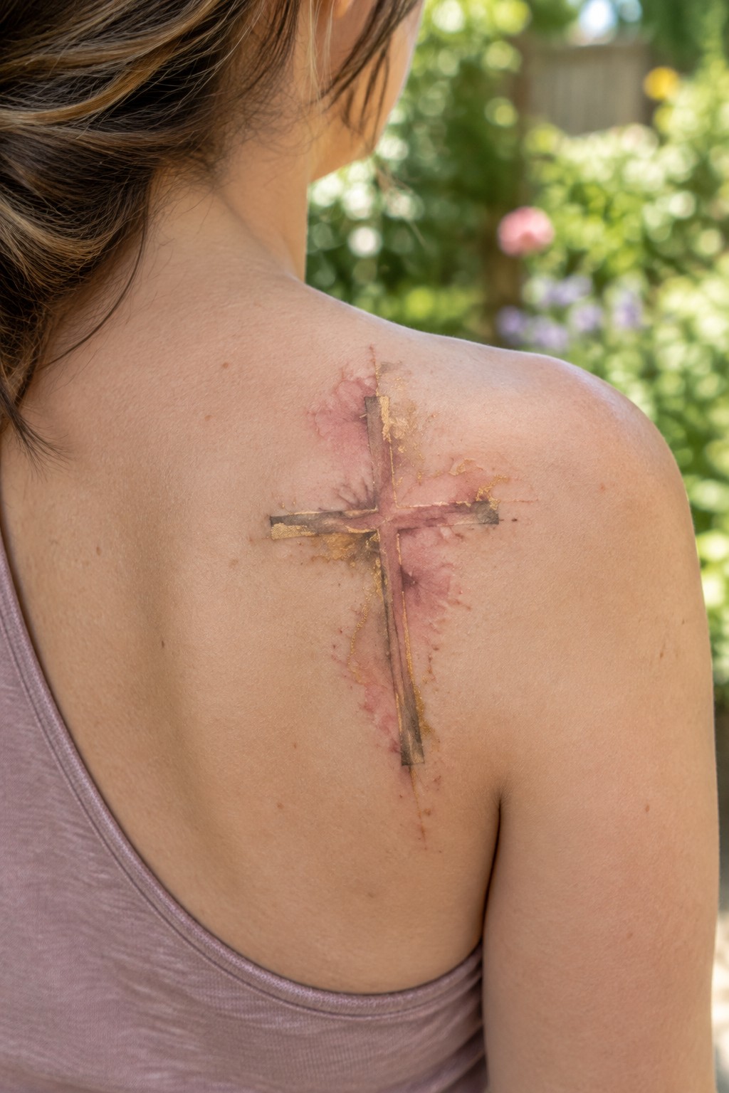 A small dark cross tattoo sits over a healing vertical scar on a woman’s shoulder.