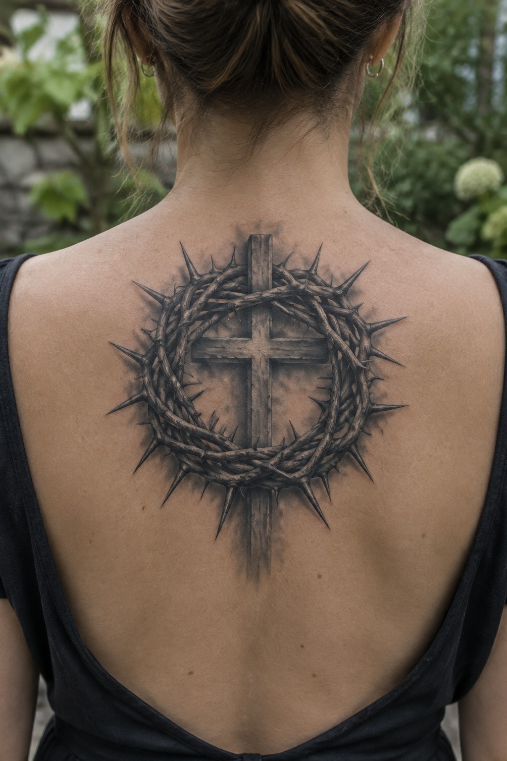 Large black and gray tattoo of a cross inside a crown of thorns, centered on a woman’s upper back.