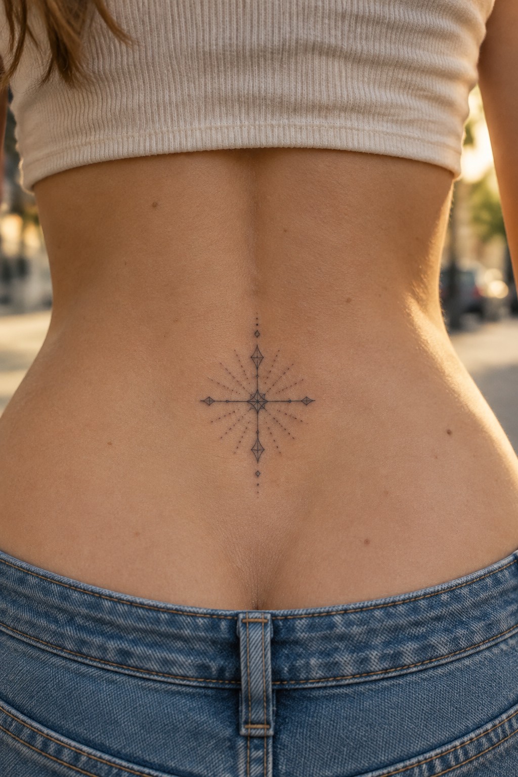 Fine-line compass tattoo with a cross-shaped center and dotted rays on the lower back above blue jeans.