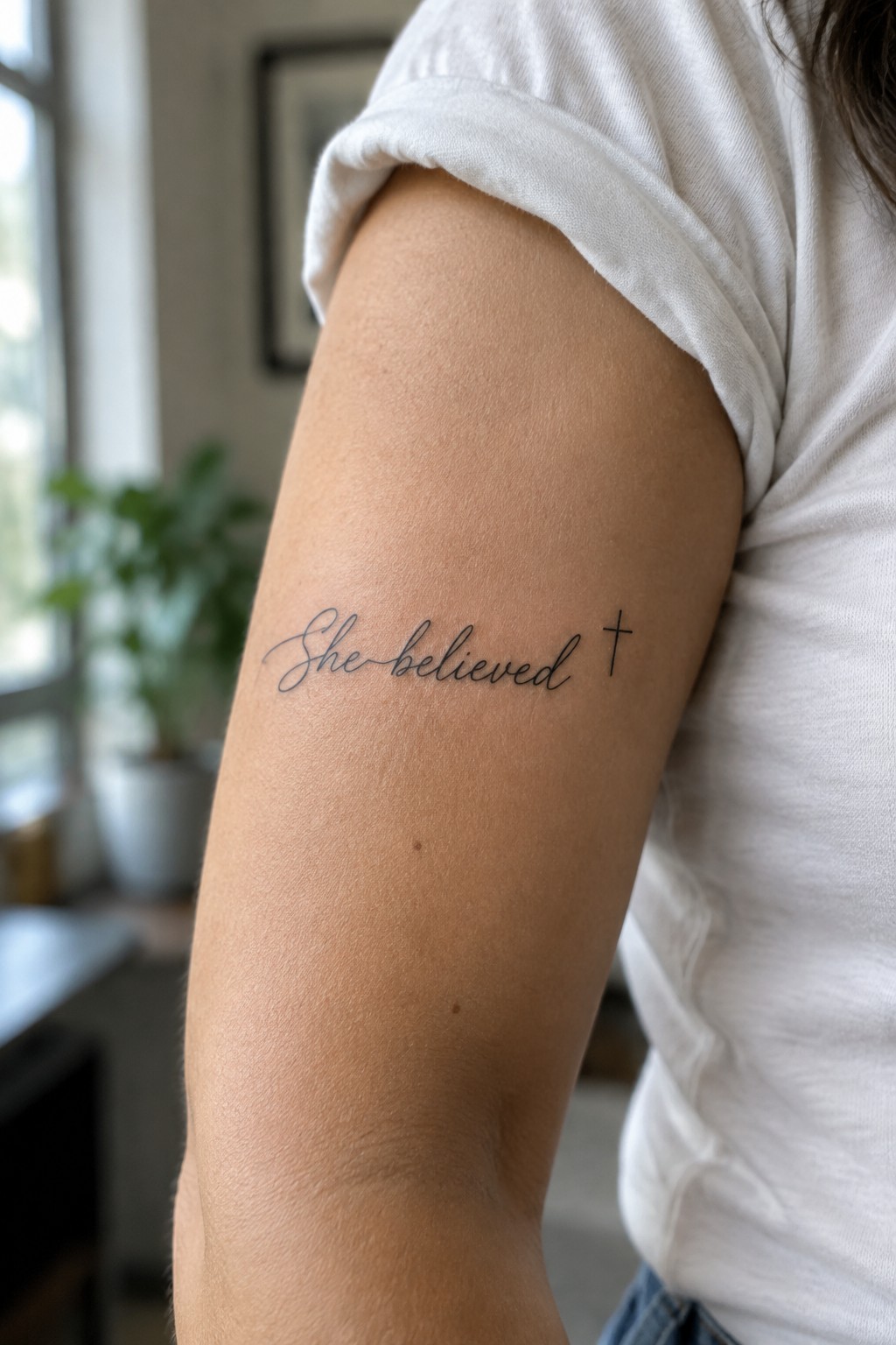 Fine-line “She Believed” script tattoo with a small cross on the outer upper arm.