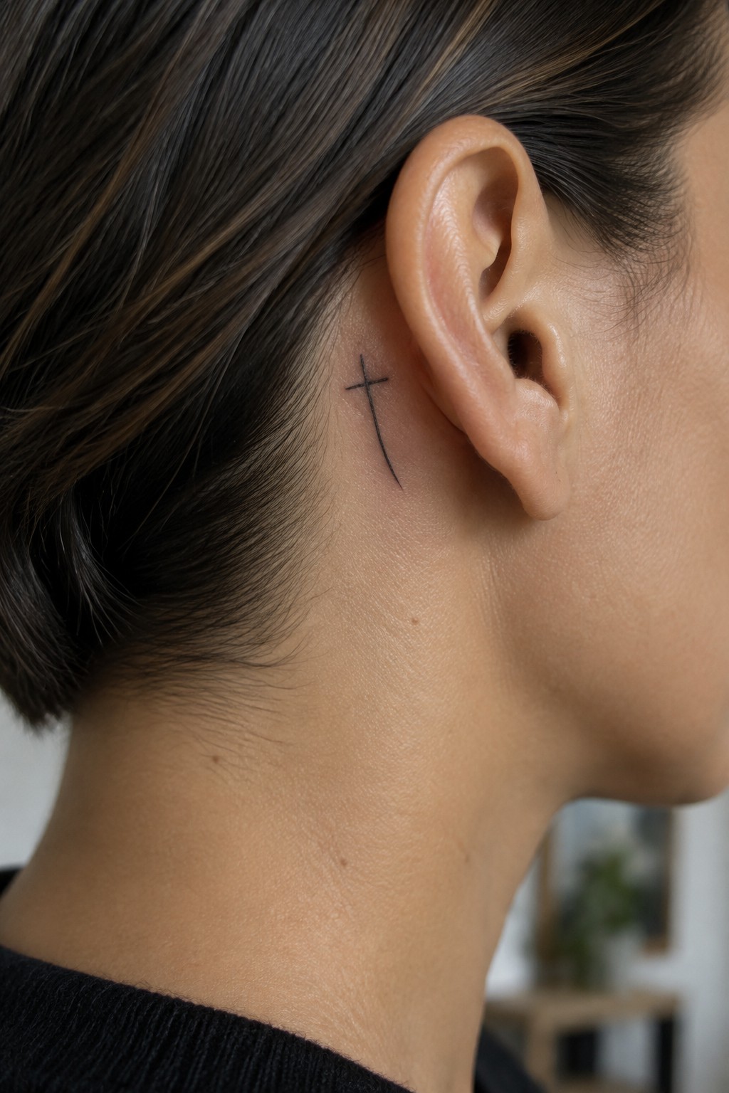 Small black fine-line cross tattoo behind a woman’s ear near the hairline.