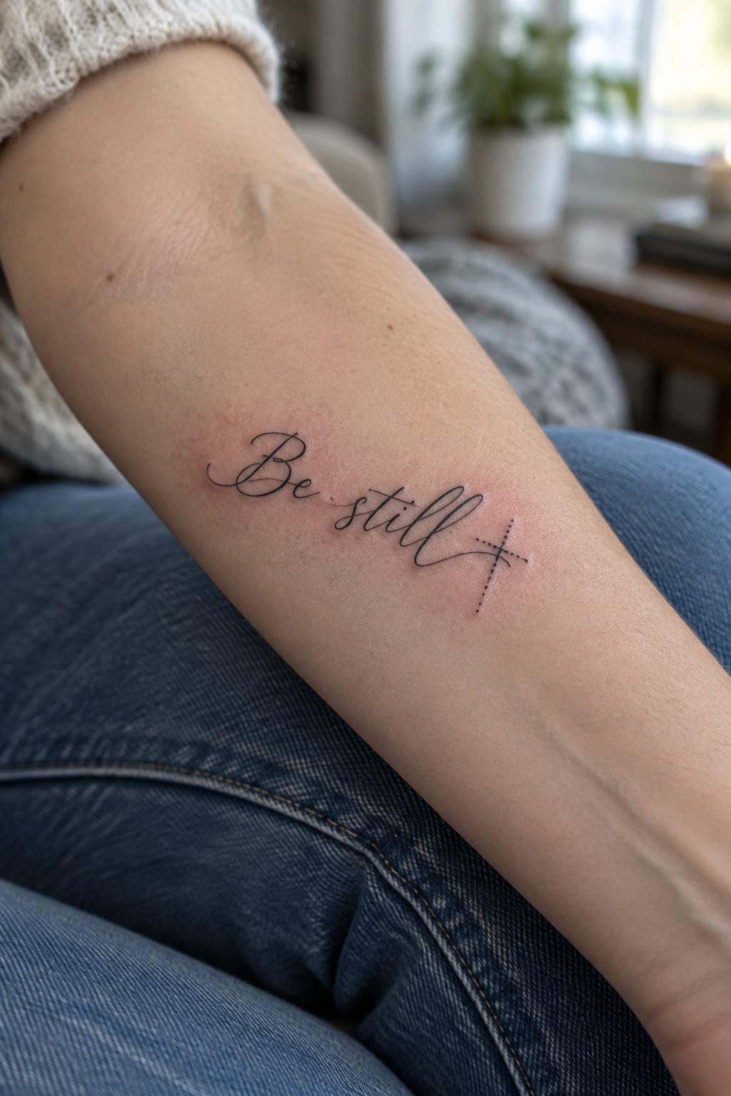 Fine-line “Be still” script tattoo with a small dotted cross on the inner forearm.
