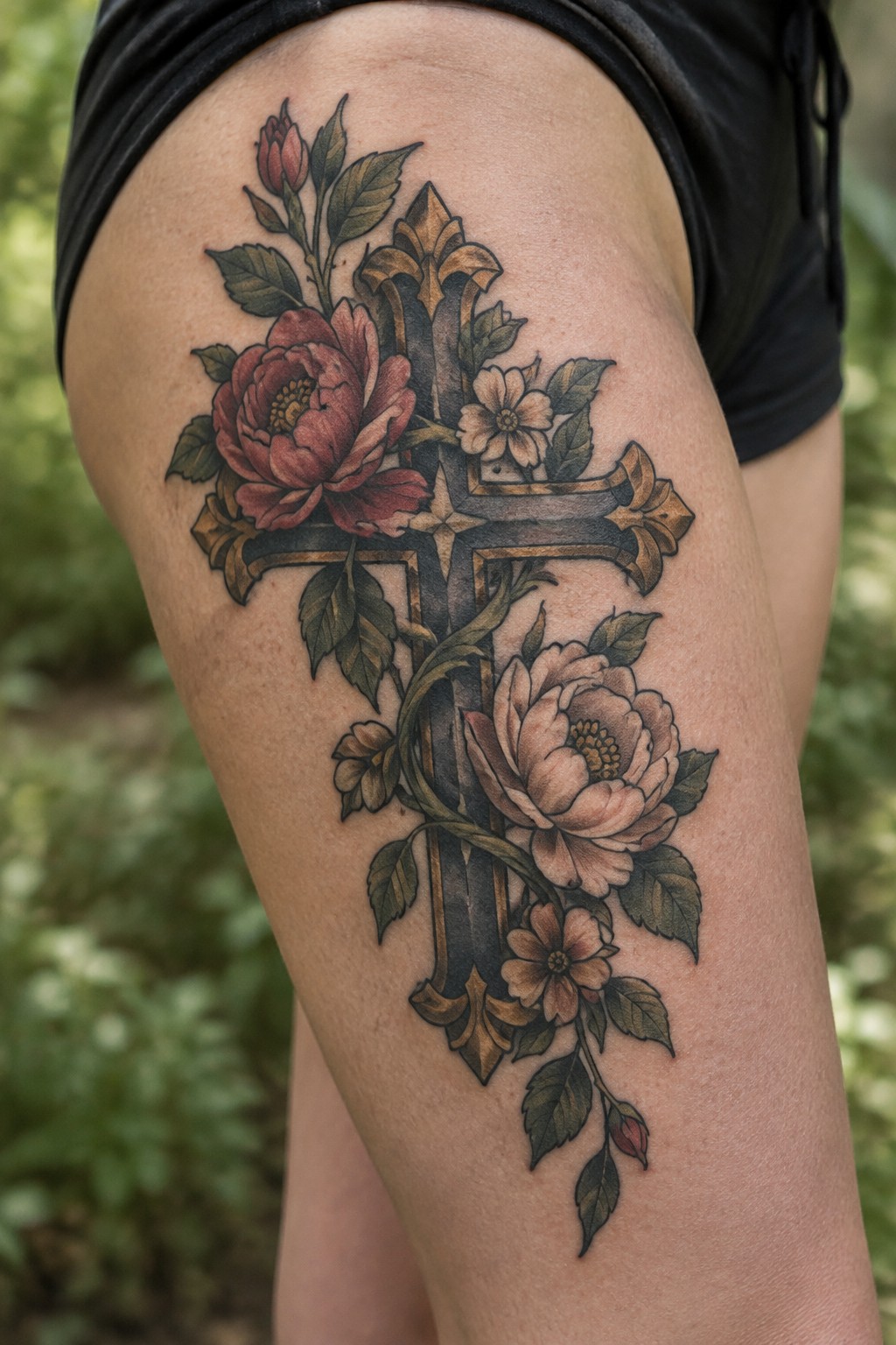 Large traditional-style cross tattoo with muted red and pink flowers and green leaves on the outer thigh.