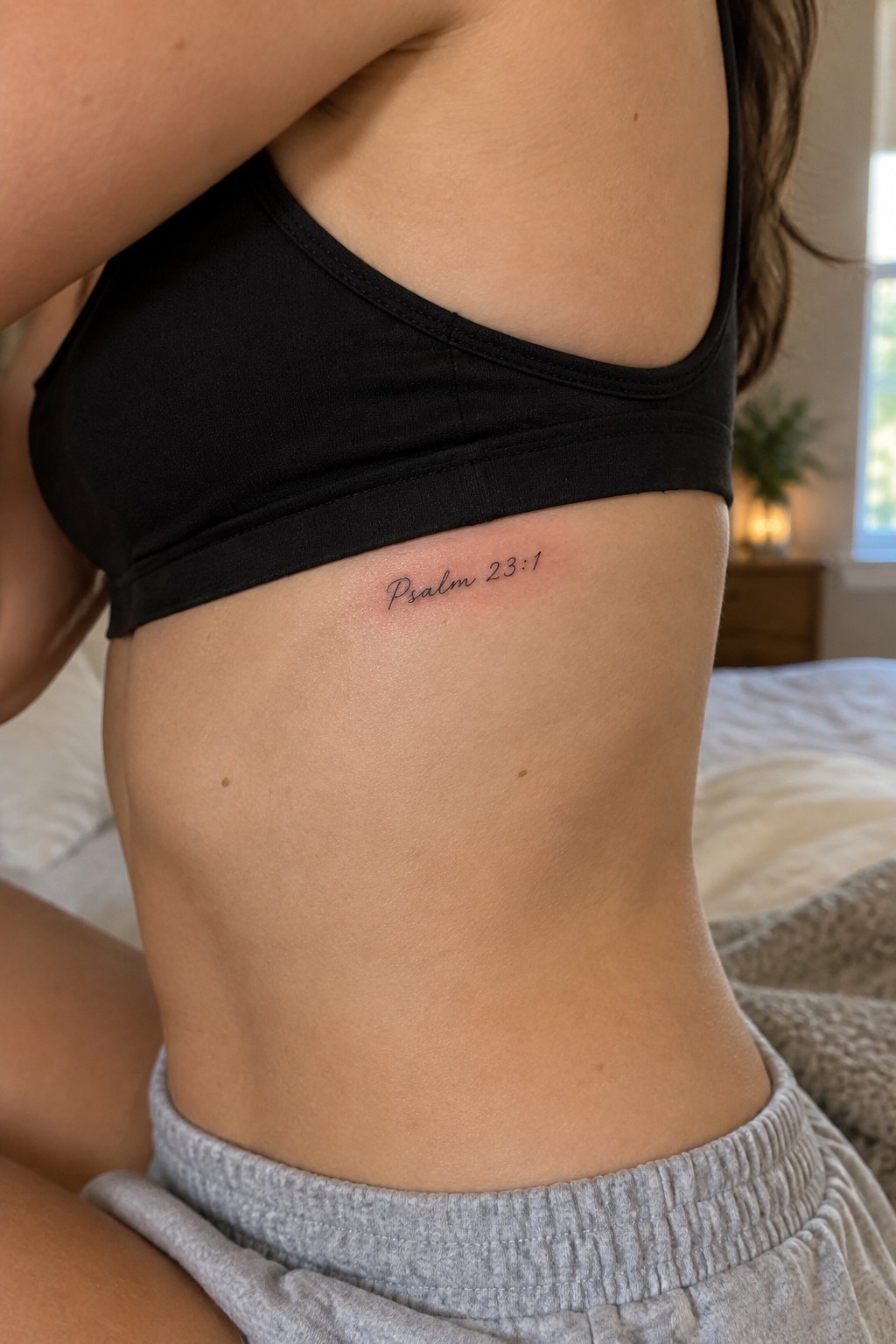Fine script tattoo reading “Psalm 23:1” on the side of a woman’s rib cage, below a black bra.