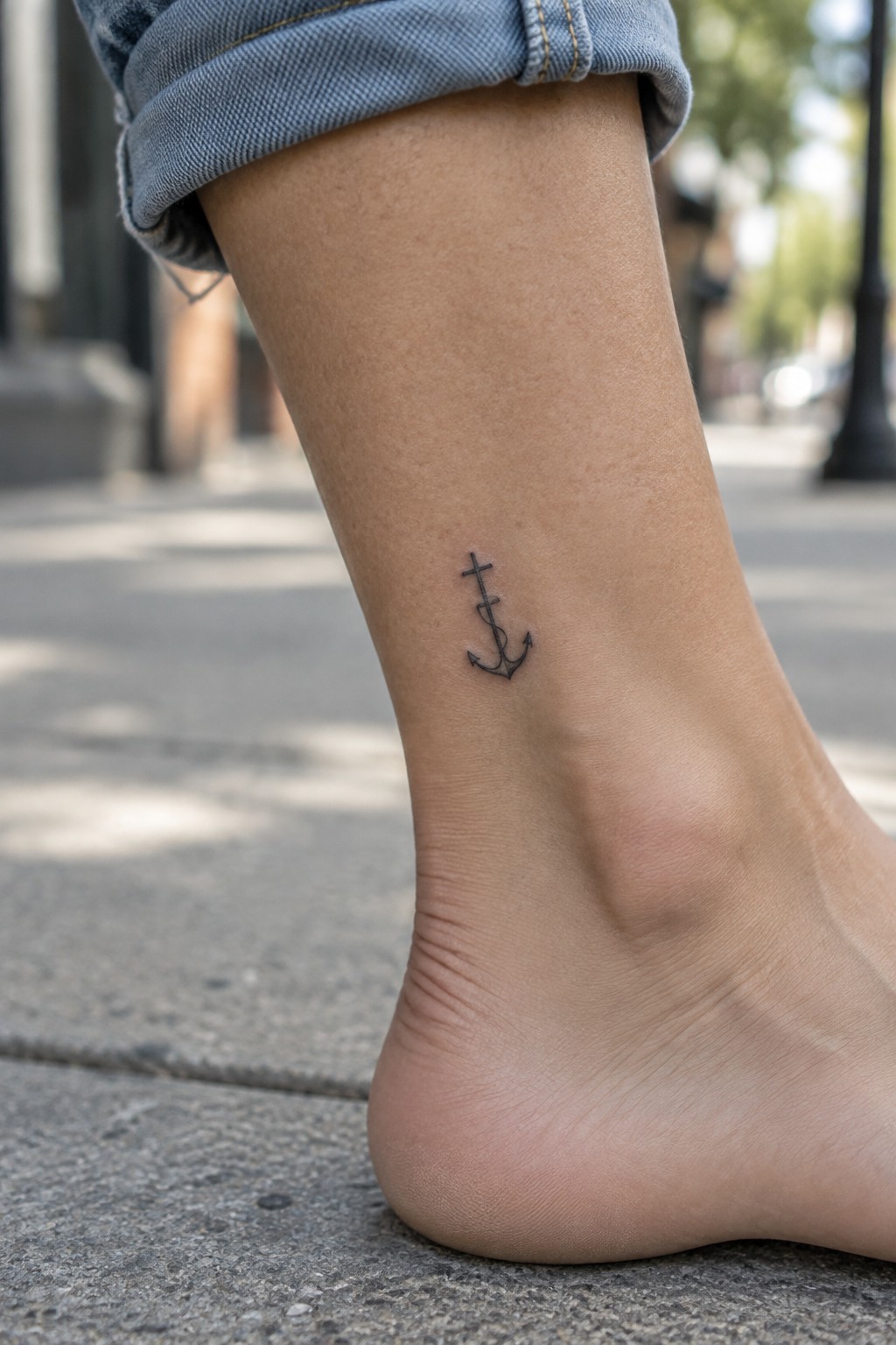 Small black anchor tattoo on the side of an ankle beneath rolled-up jeans.