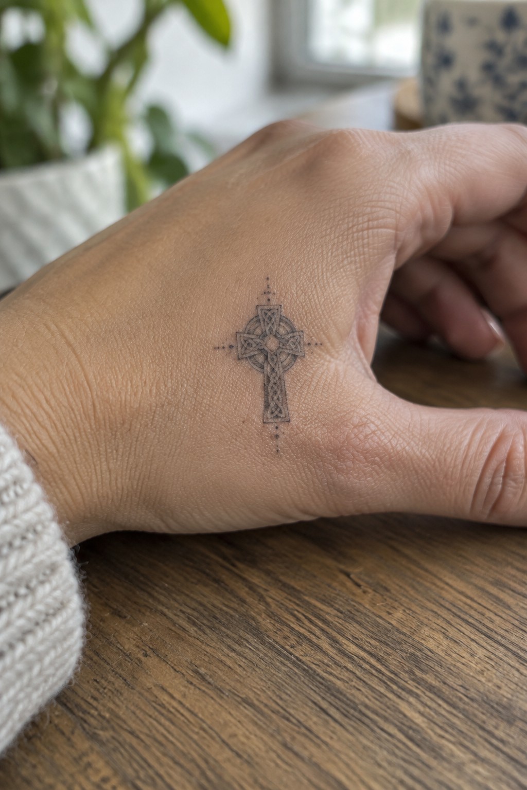 Small black Celtic cross tattoo with interlaced details and dot accents on the back of a hand near the base of the thumb.