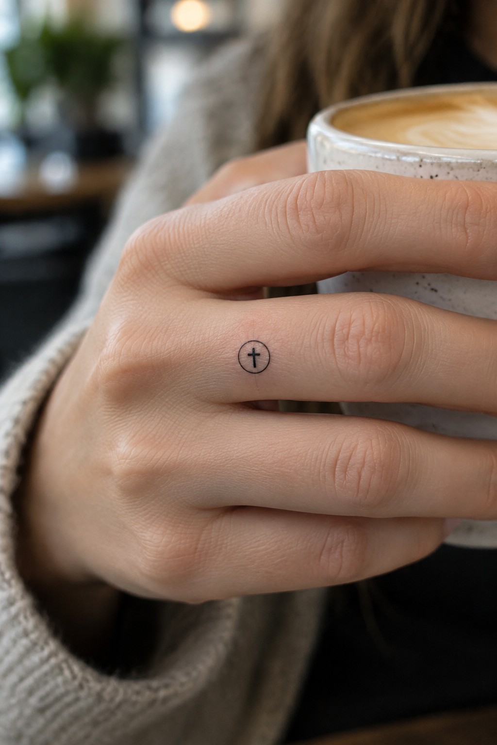 Small black cross inside a fine circle tattooed on the side of a finger as a hand holds a coffee cup.
