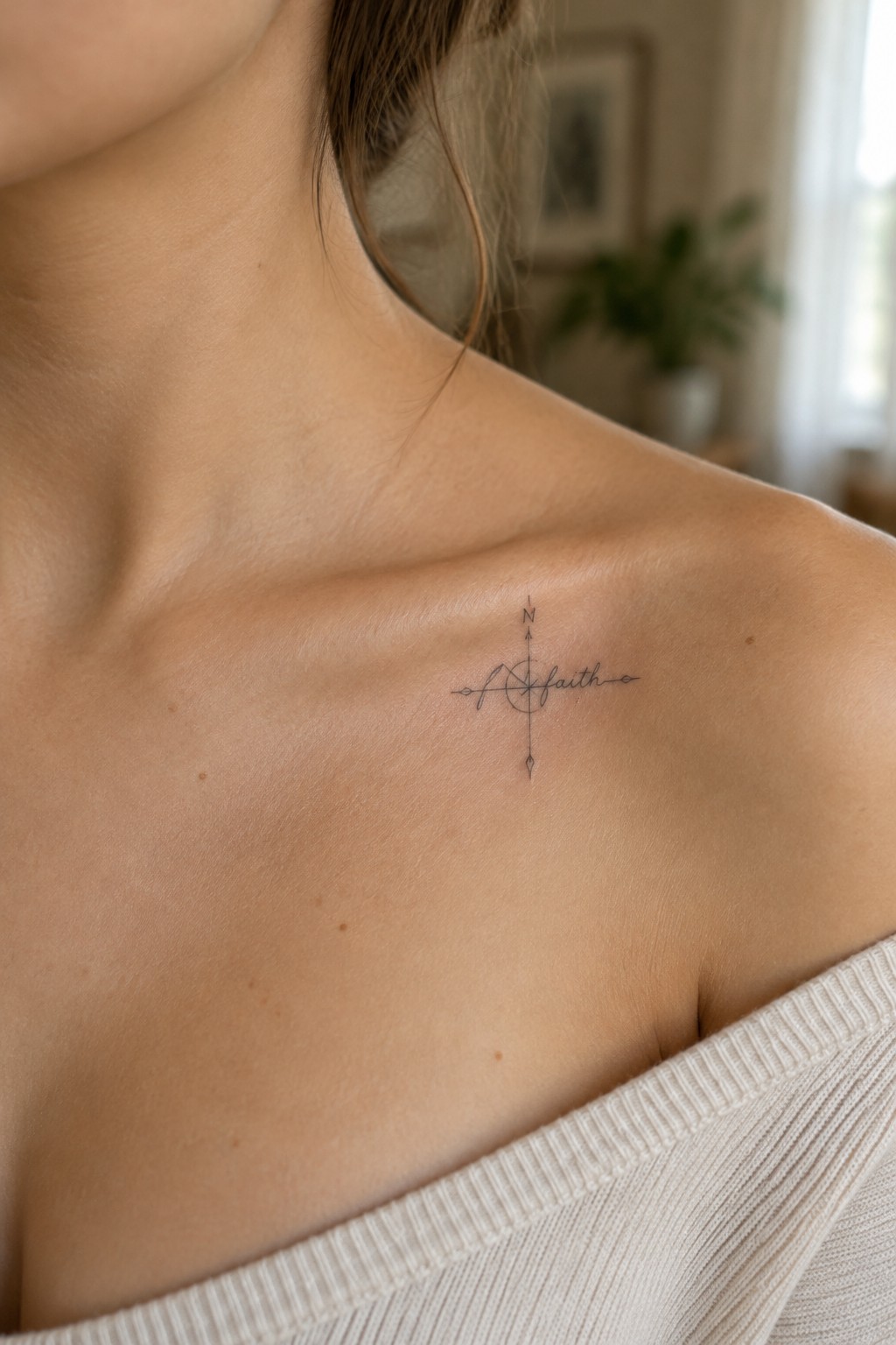 Small fine-line compass tattoo with the word faith across it on a woman’s collarbone.