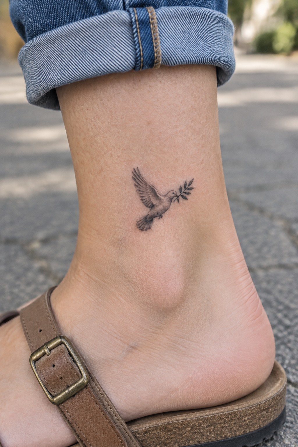 Small shaded dove holding an olive branch tattooed on the outer ankle above a brown sandal.